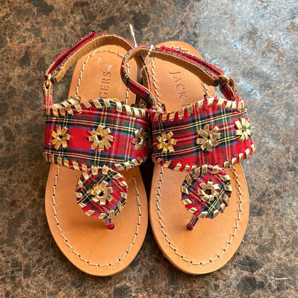 Jack Rogers girls Red Plaid Sandals with Gold Accents 9 New